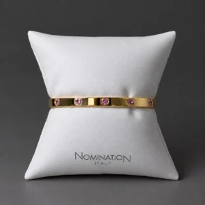 Pulsera Rígida dorada de acero con circonitas rosas en forma de Corazón Nomination (16 cm)