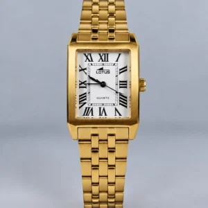 Reloj de acero dorado rectangular para mujer Lotus con números romanos (50 m)