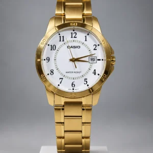 Reloj de acero dorado para hombre Casio con esfera blanca y fechador