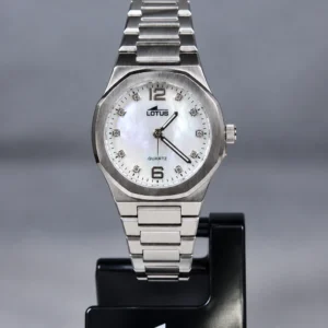 Reloj de acero para mujer Lotus con fondo nacarado e índices de circonita (50 m)